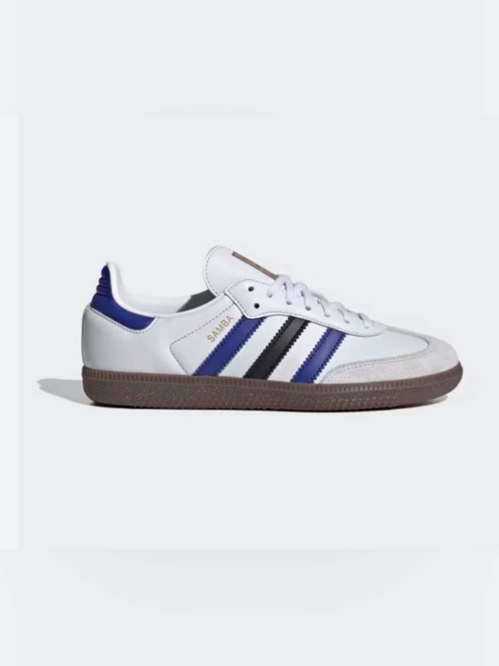 Kids Adidas Samba OG sneakers in a white, blue, and black colorway sz 3 1/2